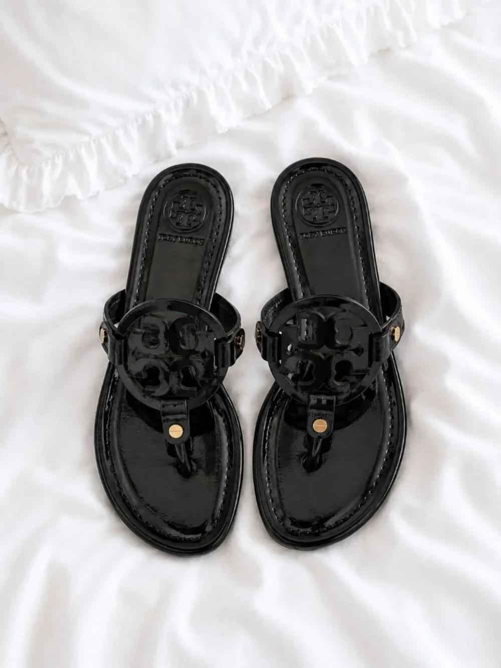 NEW IN BOX Tory Burch Black Patent Leather Miller Sandals
